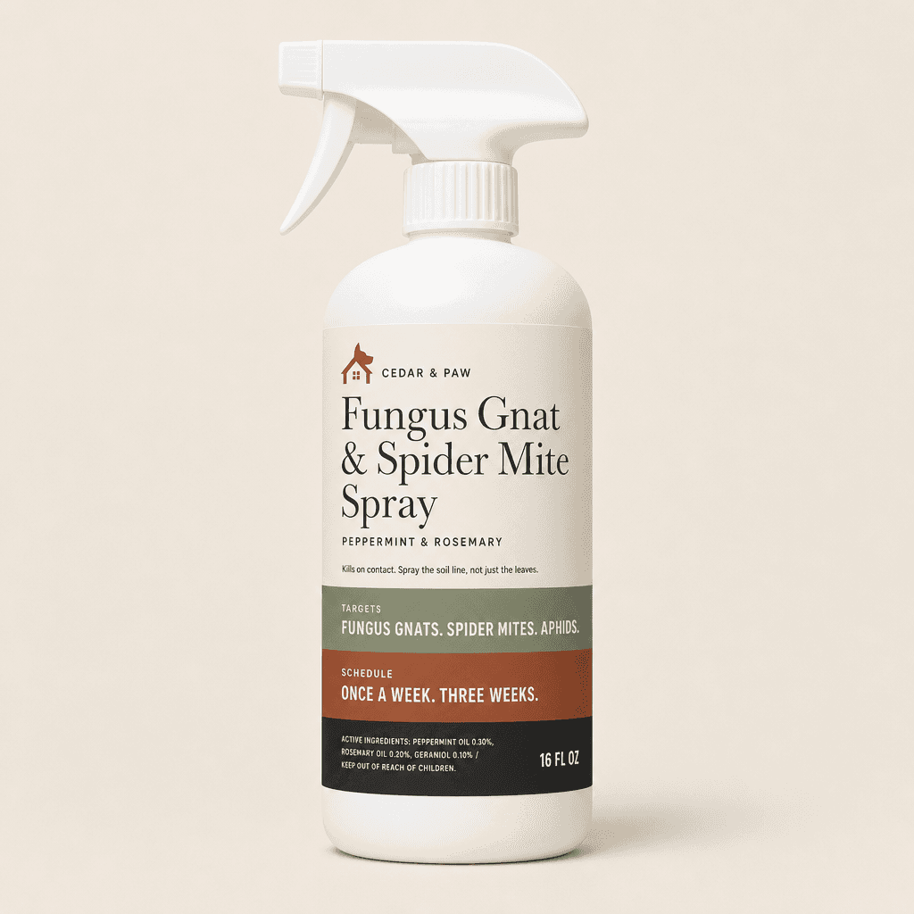 The locked Cedar & Paw Fungus Gnat and Spider Mite Spray bottle and stacked swatch label