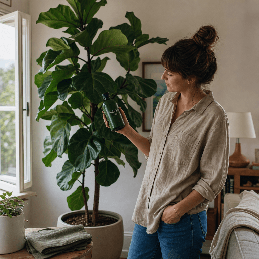 A houseplant owner considering a bottle of neem oil beside a mature fiddle-leaf fig