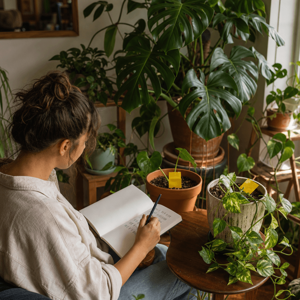 A mature indoor houseplant collection with a notebook used to record new pest sightings