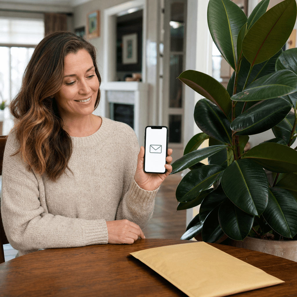 A houseplant owner holding a customer-care email icon beside a mature rubber plant and return envelope