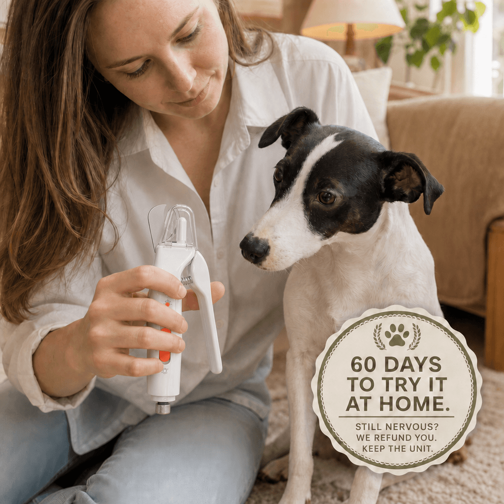 Pet owner holding the compact illuminated 2-in-1 nail clipper and grinder beside her dog