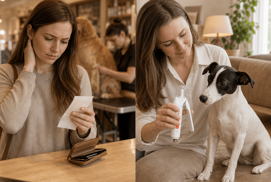 Pet owner comparing a groomer receipt with the 2-in-1 nail tool she can use at home