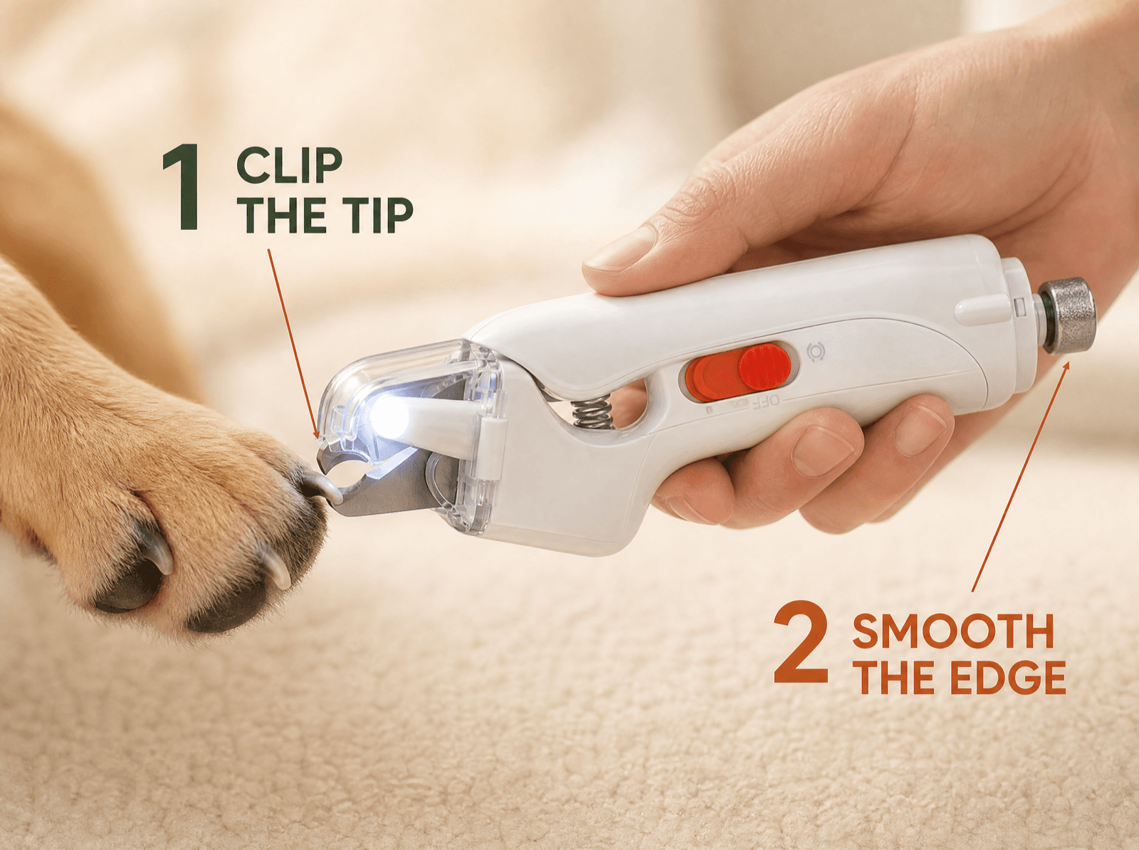 Photo infographic showing the two-pass method: clip the tip, then smooth the edge