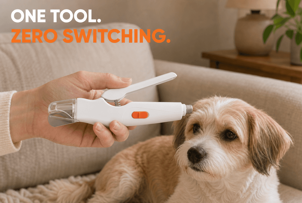 Compact 2-in-1 nail tool held horizontally with the clipper and grinder ends visible