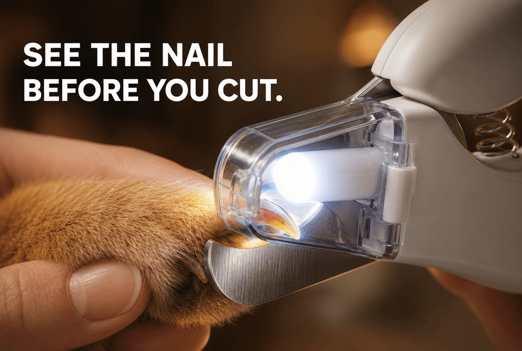 Built-in LED illuminating a clear amber dog nail at the clipper head