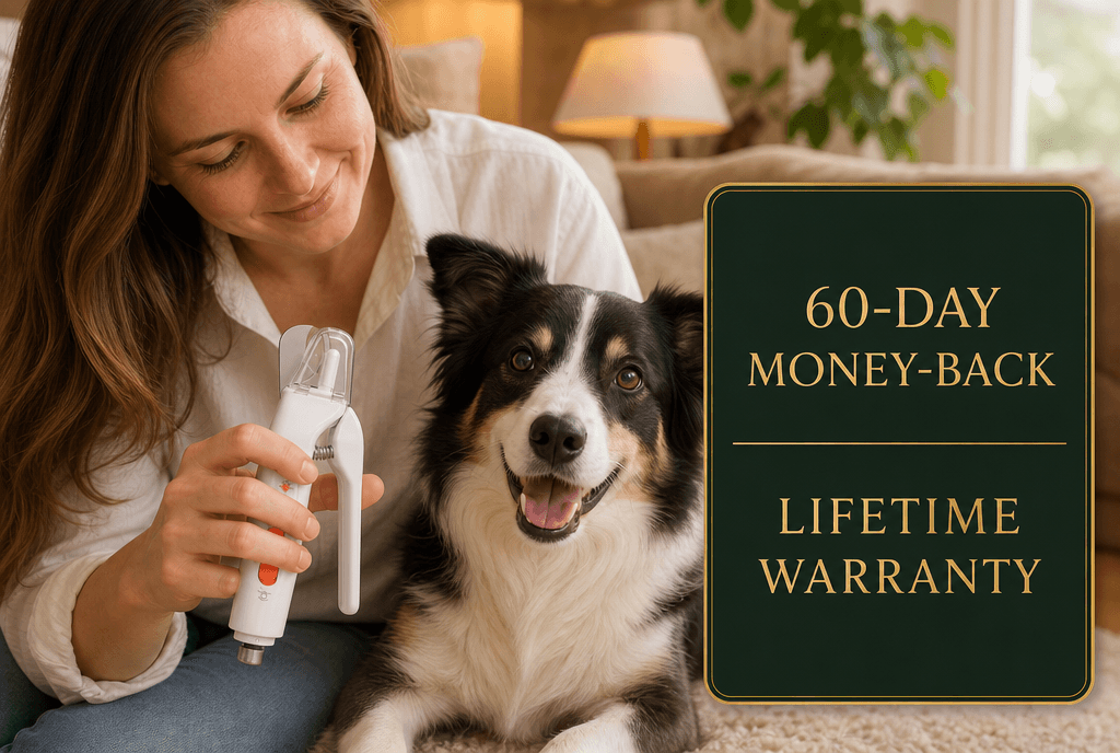 Pet owner and dog beside the 2-in-1 nail tool with 60-day and lifetime warranty seals